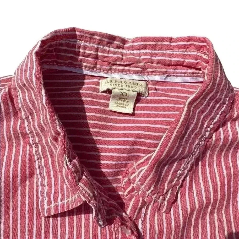 U.S. Polo Assn red & white stripped button down long sleeve dress shirt size XL - Picture 2 of 7